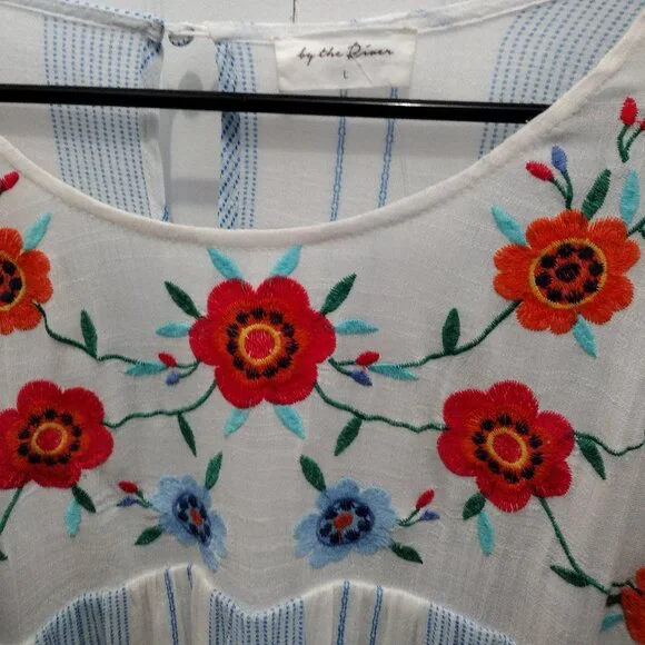 By The River Embroidered Stripe Dress Size Large Blue White Floral Boho Midi - Picture 3 of 11